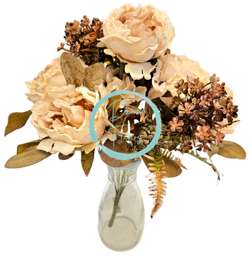 Изкуствен букет от божури, хортензии и аксесоари 48 см прасковен