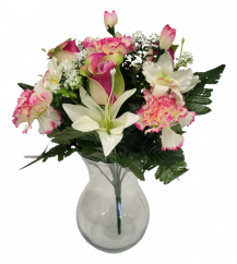 Artificial Roses, Carnations, Lilies and Orchids Bouquet x13 33cm Burgundy, Green, Cream