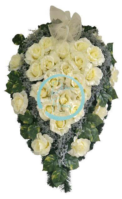 Wianek żałobny „Łza” ze sztucznych róż z liśćmi potos i dodatkami 100cm x 70cm
