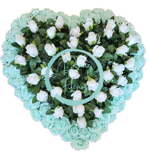 Smútočný veniec "Srdce" z umelých ruží 80cm x 80cm tyrkysová, biela