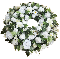 Luxusný smútočný veniec borovicový exclusive hortenzie, clematis, chryzantémy, ruže, margaréty a doplnky 80cm