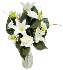 Луксозен букет, разпънат огън, Рози, Лилии, Магарешки бодил 56 см, изкуствен крем