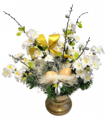 Sympathy arrangement made of Artificial Cherry, Easter eggs and Accessories 42cm x 32cm x 44cm