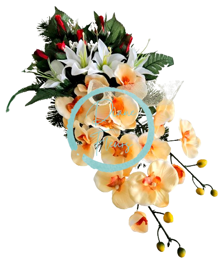 Smuteční aranžmán betonka exclusive umělé orchideje, lilie a doplňky 60cm x 28cm x 20cm