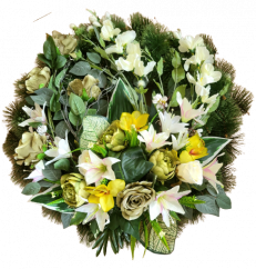 Coroană de pin doliu Exclusiv Trandafiri & Gladiole & Crini & Orhidee și Accesorii Ø 85cm