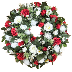 Temetési fenyőkoszorú Exkluzív rózsák, krizantém, százszorszépek, clematis és kiegészítők 80cm
