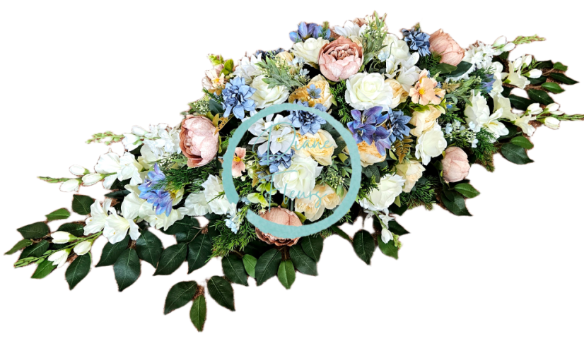 Großes Trauergesteck Exclusive aus künstliche Pfingstrosen, Rosen, Delphinium und Accessoires 135cm x 50cm x 35cm AS1017-BPC