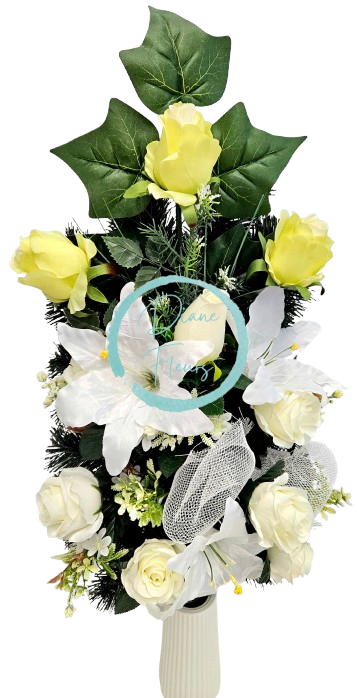 Umelá kytica pohrebná ruže, ľalie a doplnky 75cm x 35cm