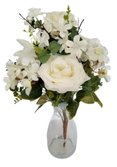 Šopek vrtnic in hortenzij ter lilij krem 47cm umetno