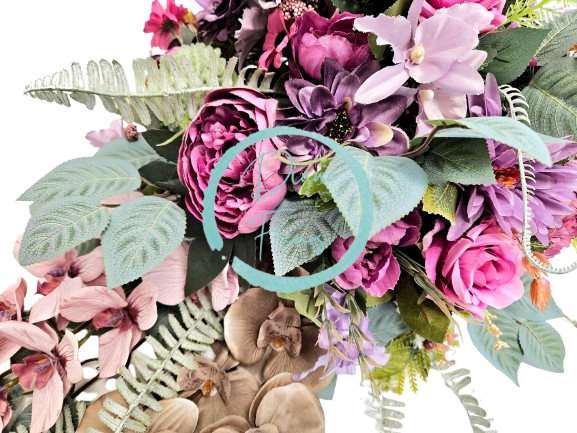 Veľký aranžmán umelé orchidey, ruže, gerbery, pivonky a doplnky 95cm x 45cm x 30cm