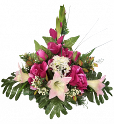Žalobni aranžman umjetne ruže, gladiole i dodaci 45cm x 22cm x 35cm
