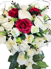 Luxuriöse Trauergesteck "Herz" aus künstliche Rosen, Gladiolen, Pfingstrosen und Zubehör 48cm x 60cm x 20cm