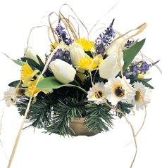 Trauergesteck aus künstliche Tulpen, Narzissen, Gänseblümchen, Lavendel und Accessoires 36cm x 26cm