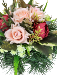 Smútočný aranžmán betonka umelé peonie pivonie, ruže a doplnky Ø 30cm x 18cm