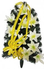 Artificial Sympathy Wreath 18,1 x 13,7 inches (46cm x 35cm) with Lilies and Sympathy Ribbon in Cellophane White