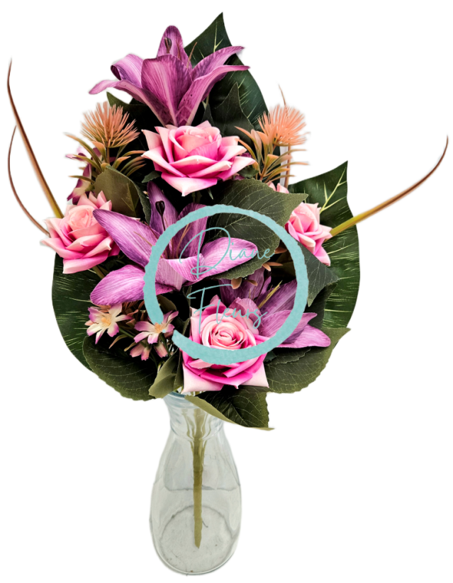 Buchet luxos de Trandafiri, Crini, Ciulin 56cm flori artificiale violet, roz