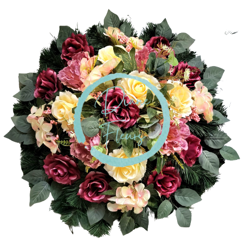 Smuteční věnec kruh s umělými růžemi, pivoňkami, hortenziemi a doplňky Ø 55cm