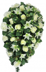 Pogrebni vijenac s umjetnim ružama i ljiljanima 100cm x 60cm kremasta, zelena