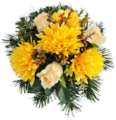 Aranjament funerar cu crizanteme artificiale, trandafiri și accesorii 28cm x 18cm AS1088