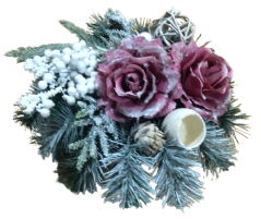 Weihnachten Arrangement mit künstliche Rosen & Beeren & Zubehör Ø 25cm x 15cm grün & weinrote