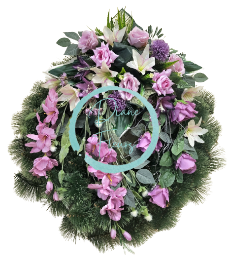 Smuteční věnec borovicový Exclusive Růže & Gladioly a Lilie & Doplňky 85cm AS454