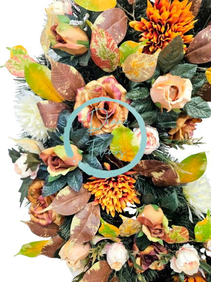 Luksusowy wieniec ze sztucznej sosny ekskluzywne róże, piwonie, chryzantemy i akcesoria 90cm