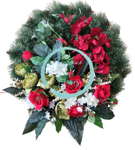 Wieniec sosnowy żałobny Ekskluzywne róże i mieczyk Mieczyk i piwonie i hortensje oraz akcesoria 85cm