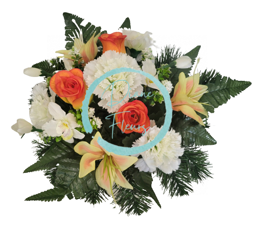 Trauergesteck aus künstliche Nelken, Rosen, Orchideen, Lilien und Zubehör Ø 30cm x 20cm