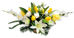 Trauergesteck aus künstliche Tulpen, Lilien, Rosen, Gladiolen und Accessoires 60cm x 33cm x 29cm