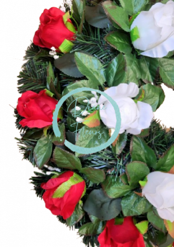 Nagrobni venec O 50cm vrtnice in dodatki bela, rdeča