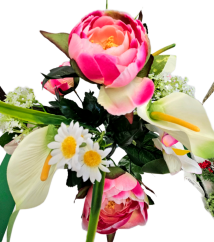 Umělá kytice Pivoňka, Alstromeria, Kala a doplňky 42cm růžová