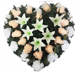 Temetési koszorú rendezett szív 60cm x 60cm őszibarack és fehér rózsák