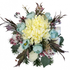 Trauergesteck aus künstliche Rosen, Pfingstrosen, Chrysanthemen und Zubehör Ø 30cm x 20cm