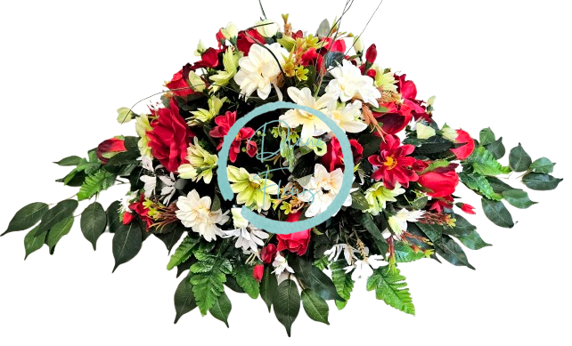 Aranjament mare de margarete, trandafiri, gerbere si accesorii 90cm x 50cm x 28cm
