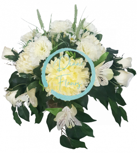 Smútočný aranžmán betonka exclusive umelá chryzantéma, ruža, karafiát, alstroméria a doplnky Ø 45cm x 35cm