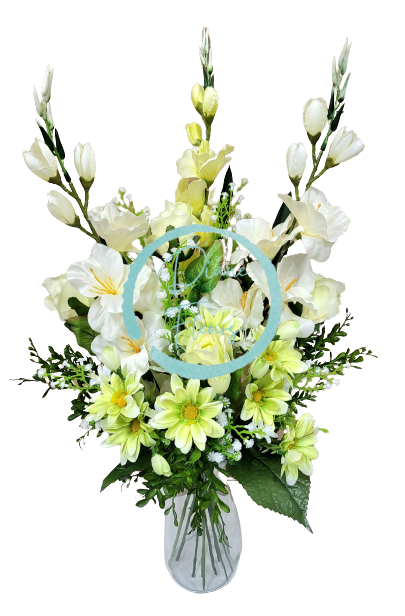 Viazaná kytica Exclusive ruže, gladioly, margarétky a doplnky 68cm umelá