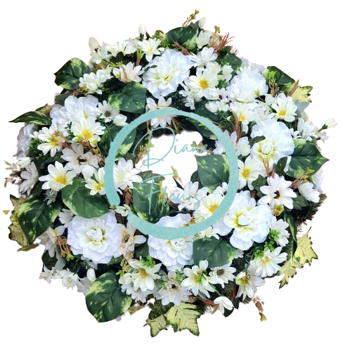 Luxusný umelý veniec borovicový Exclusive dálie, gerbery, margarétky a doplnky 65cm