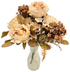 Mesterséges csokor bazsarózsa, hortenzia és kiegészítők 48cm barack