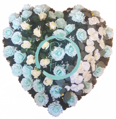 Pogrebni venec Srce umetnih vrtnic in orhidej 80cm x 80cm turkizna in krem