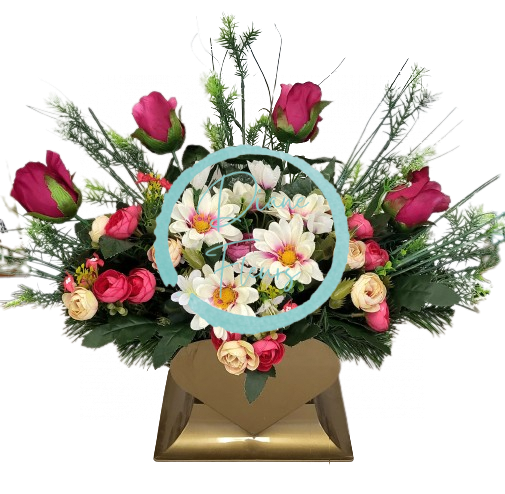 Wunderschönes Trauergesteck Herz aus künstliche Gänseblümchen, Rosen, Kamelien und Zubehör 65cm x 28cm x 35cm