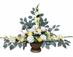 Krásný smuteční aranžmán exclusive betonka umělé růže, hortenzie, gladioly mečíky a doplňky 100cm x 65cm