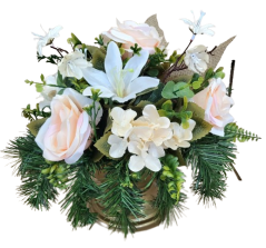 Trauergesteck aus künstliche Lilien, Rosen, Hortensien und Zubehör Ø 30cm x 30cm