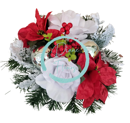Kompozycja żałobna sztuczne róże, poinsecja, jagody, bombki i akcesoria 28cm x 20cm