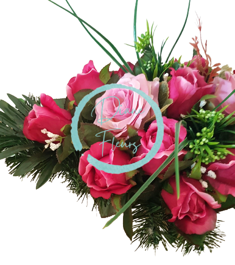 Krásný smuteční aranžmán betonka umělé růže a doplňky 53cm x 27cm x 23cm růžová, vínová AS321