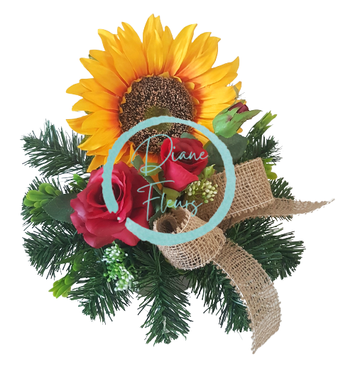 Smuteční aranžmán betonka exclusive umělá slunečnice, růžičky a doplňky 28cm x 28cm AS411