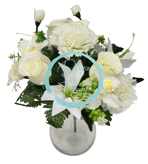 Buchet de trandafiri, garoafe, crini si orhidee x13 33cm crem flori artificiale