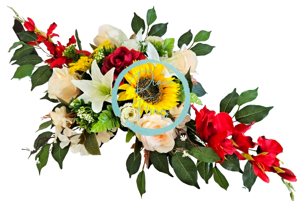 Aranjament pentru cimitir de floarea soarelui, trandafiri, gladiole si accesorii 80cm x 50cm x 24cm