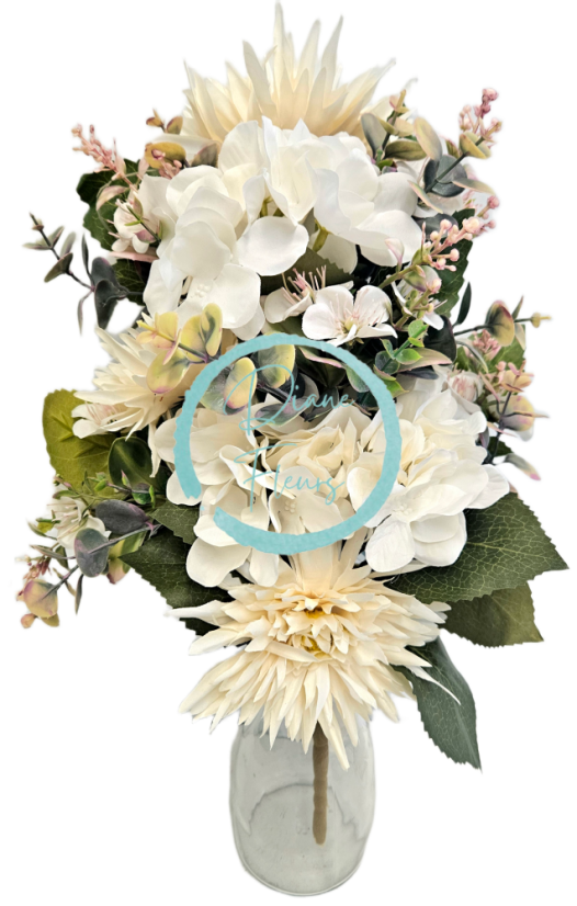 Exkluzív műcsokor dáliák, hortenziák és kiegészítők 52cm x 30cm krém