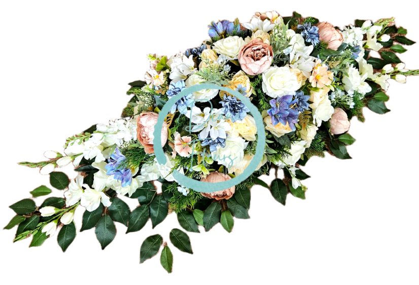 Großes Trauergesteck Exclusive aus künstliche Pfingstrosen, Rosen, Delphinium und Accessoires 135cm x 50cm x 35cm AS1017-BPC