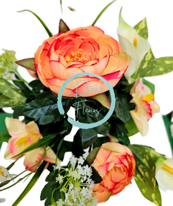 Mazzo artificiale di peonia, alstroemeria, calla e accessori 42 cm pesca